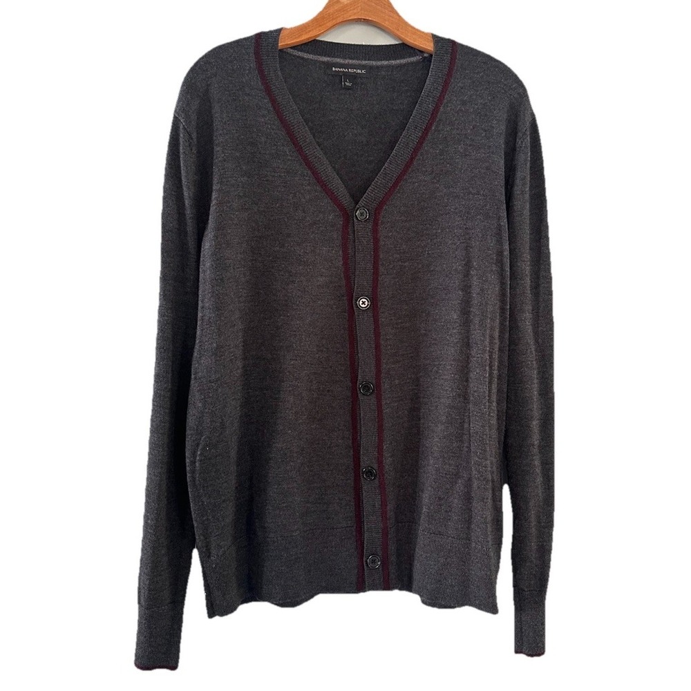 Banana Republic Mens Size L Merino Wool Gray Cranberry Cardigan Sweater Grandpa